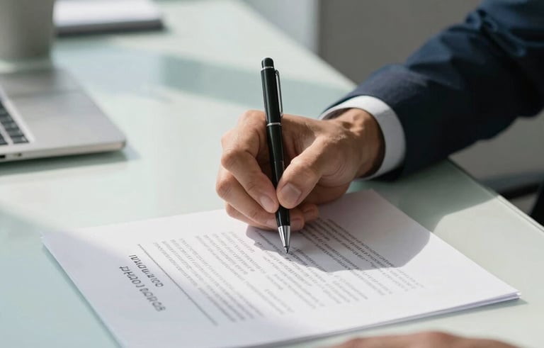 A detailed view of hands signing a contract on a clean desk, modern South American office decor, soft sunlight, pale blue and slate blue atmosphere, professional photography.