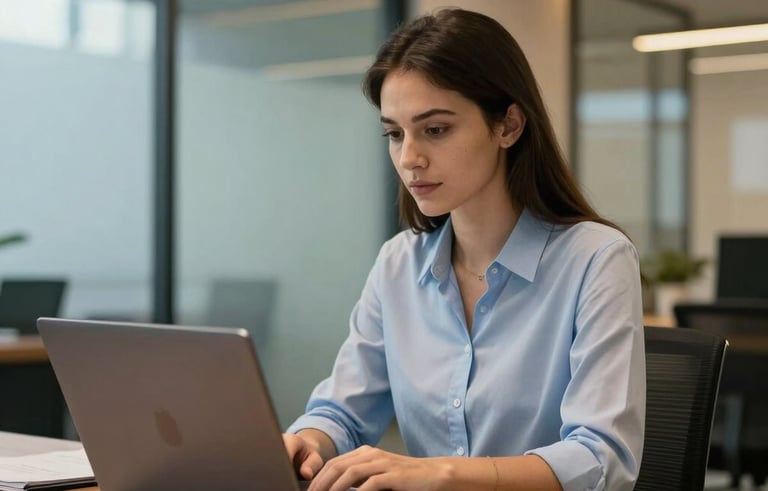 A professional working in a modern Brazilian corporate setting using a laptop, clean glass and wood interior, steel blue and golden orange lighting highlights, high-end commercial photography.