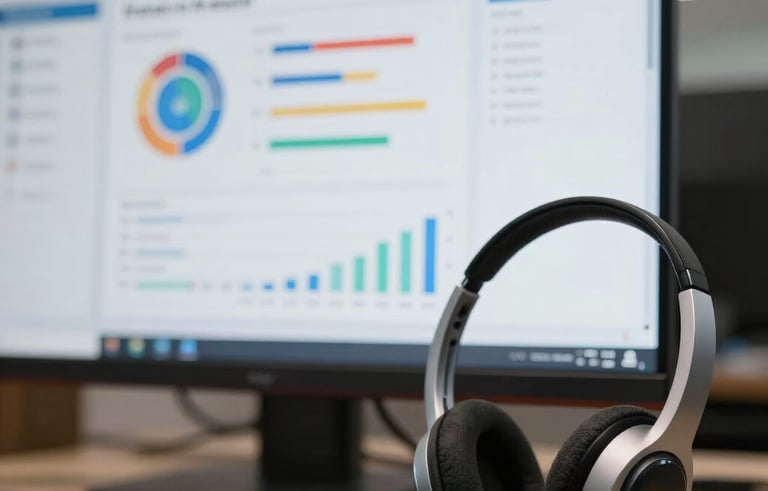 A detailed close-up shot of a modern computer screen showing a clean dashboard with analytics, next to a sleek professional headset on a desk in a Brazilian corporate setting. Professional, tech-focused, and high-efficiency mood.