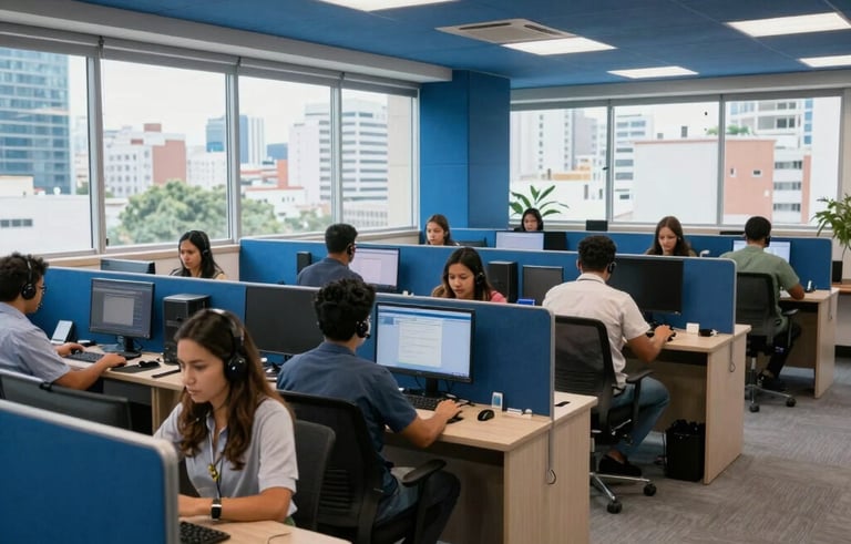 A wide-angle shot of a vibrant and modern South American / Brazilian call center environment. Ergonomic workstations, medium blue acoustic panels, and large windows with city views. A sense of energy, technology, and teamwork.