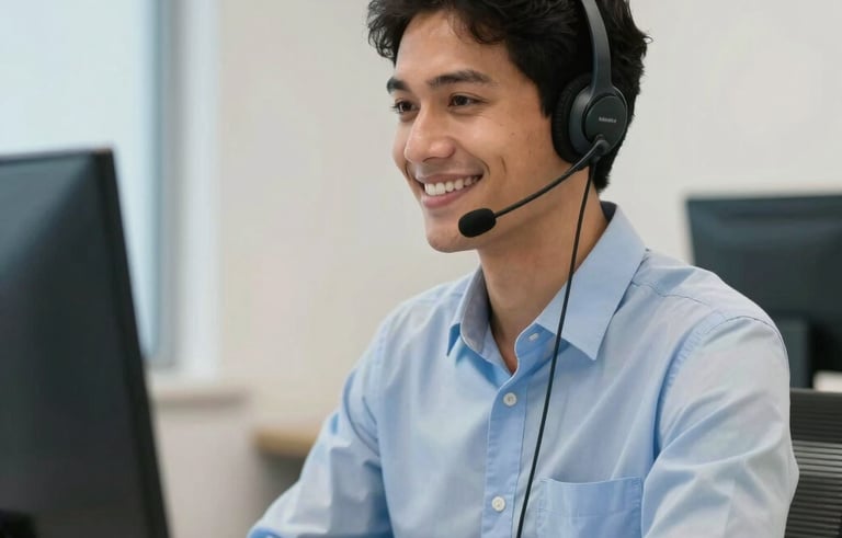 A professional South American / Brazilian customer service representative wearing a sleek headset, smiling warmly while working in a bright, modern office with soft light blue and off white walls. High-end equipment, professional lighting, clean and reliable atmosphere.