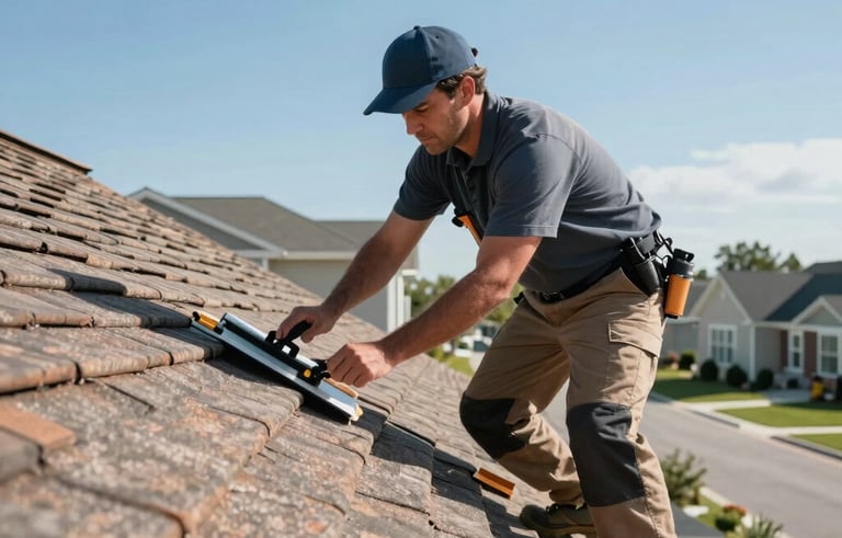 Professional roofing expert in North American work attire conducting a detailed roof inspection on a sunny day at a modern suburban home. Clear blue sky, clean composition, bright natural lighting.