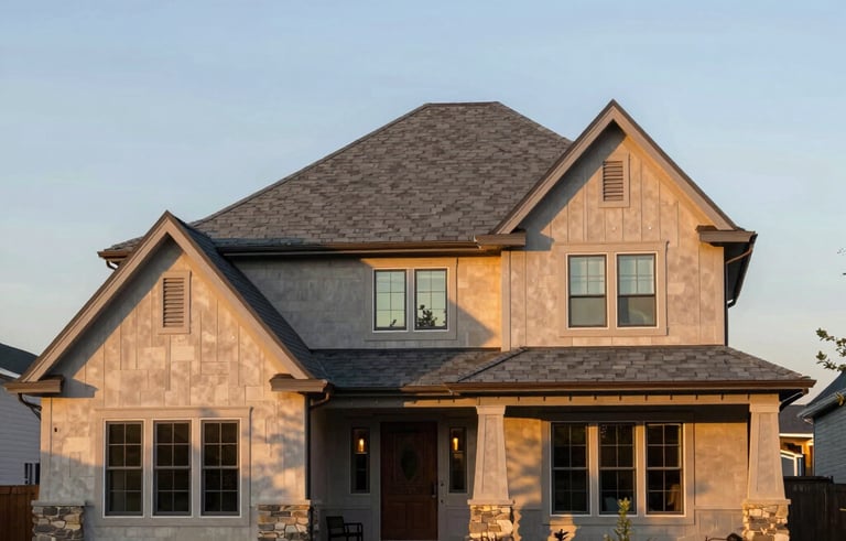 A wide shot of a beautiful North American residential house with a brand-new slate gray roof. The architecture is modern, and the lighting is the warm glow of late afternoon, emphasizing quality and curb appeal.