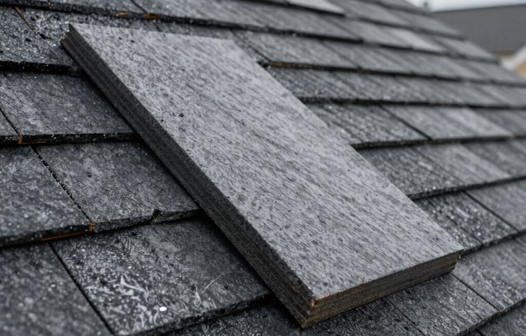 A close-up of high-quality roofing materials being professionally installed on a North American home. The style is crisp and detailed, showcasing the texture of durable dark slate gray shingles.