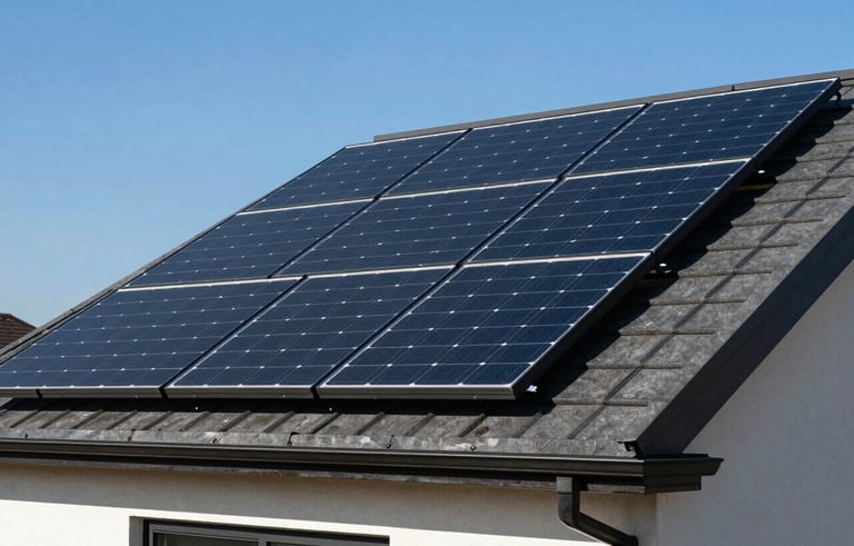 A close-up, high-angle view of sleek, modern black solar panels installed on the roof of a contemporary North American home. The sky is a clear, bright blue, and the sunlight glints off the tempered glass, conveying efficiency and clean energy.