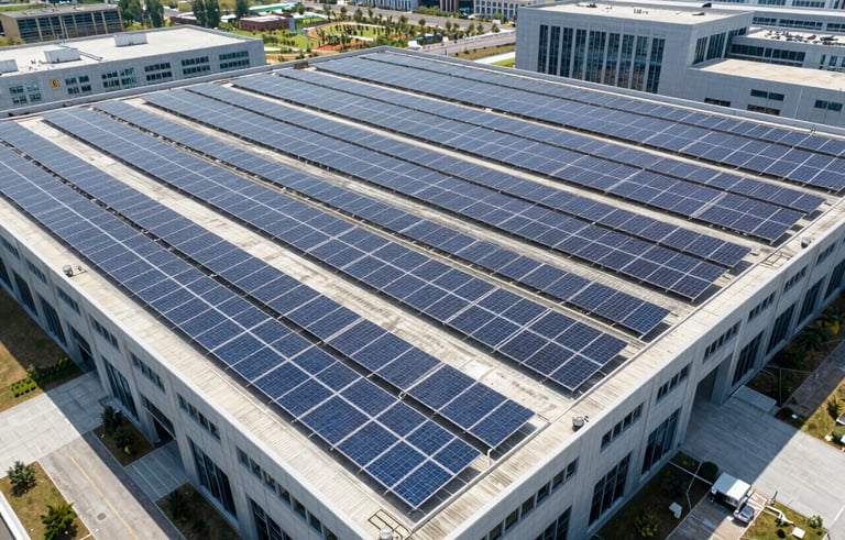 An expansive aerial shot of a large, modern commercial building in a North American business park. The entire flat roof is covered in a vast array of high-tech solar panels, reflecting the bright midday sun, emphasizing sustainability at scale.