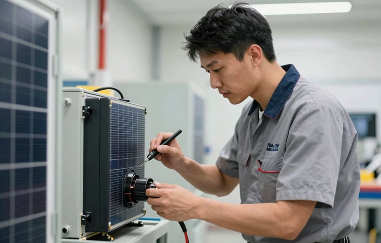 A professional technician in a clean, branded North American work uniform performing a maintenance check on a solar inverter system located in a brightly lit, modern utility space. The focus is on precision and professional expertise.