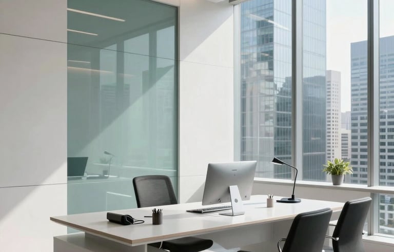 A bright, professional workspace in a North American / US city skyscraper. The composition is clean and modern, focusing on architectural lines and a palette of soft whites and muted teals, symbolizing growth and wealth building.