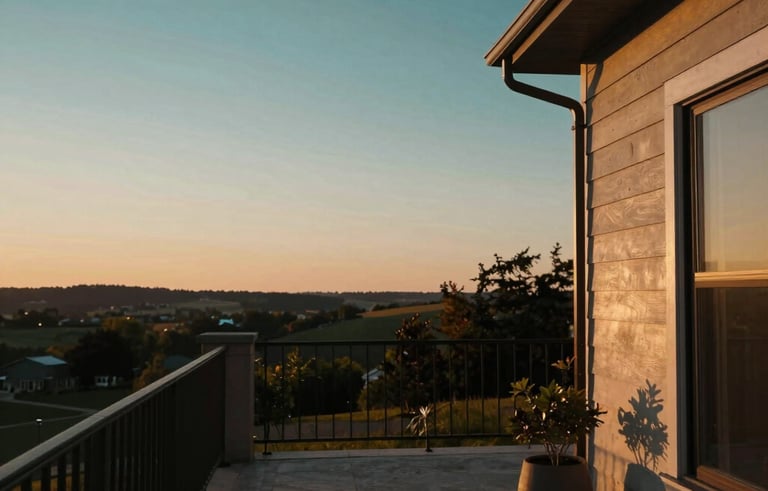 A tranquil view of a modern North American / US residence patio at sunset, representing long-term financial freedom. The lighting is warm gold and deep teal, suggesting a sophisticated and secure lifestyle.