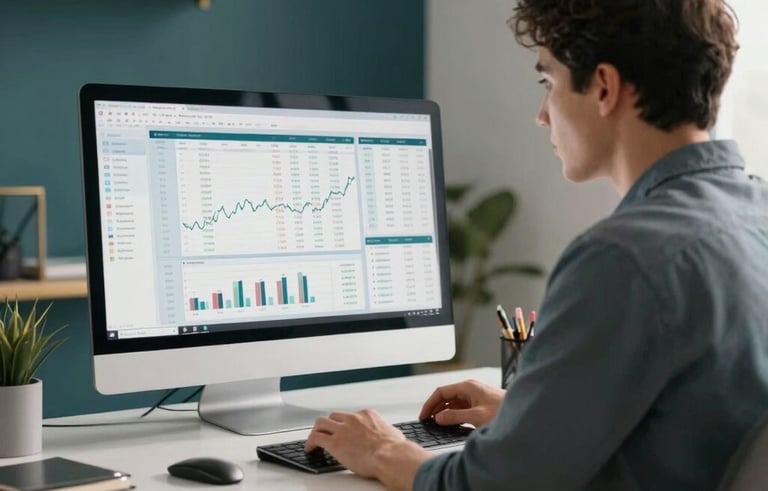 A focused professional in a modern North American / US home office, viewing financial data on a sleek monitor. The room is filled with soft morning light, featuring minimalist decor with deep teal and gold accents, conveying trust and clarity.