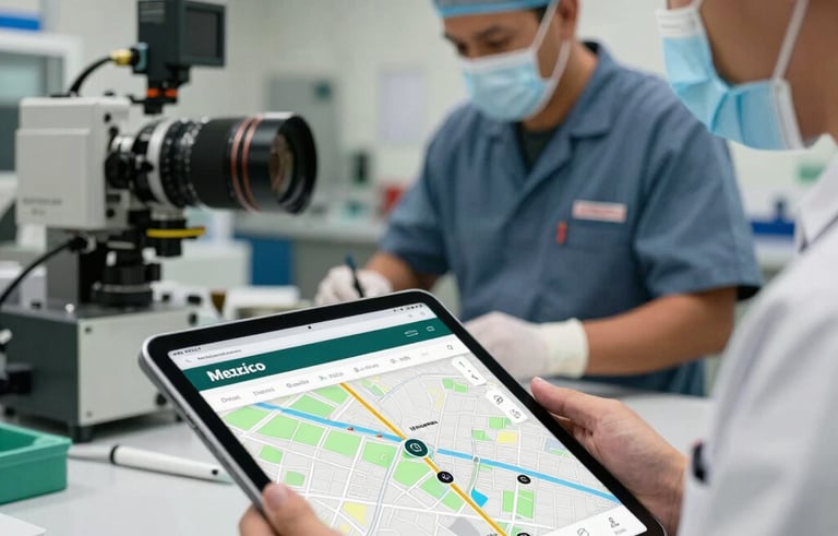 Action photography of a technician in a clean uniform at a Mexican workshop, appearing as a top result on a tablet map interface, bright and trustworthy lighting.