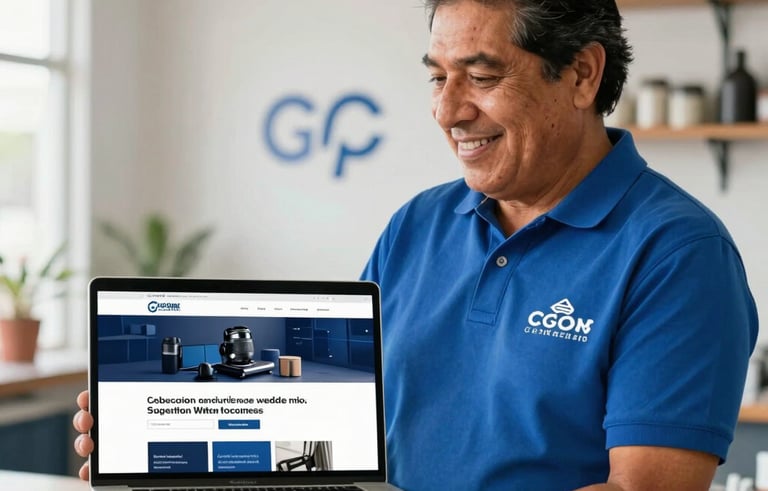 A professional photography of a Mexican local business owner smiling while showing their new website on a modern laptop in a clean, bright workshop environment. Natural lighting, blue and white tones to match the brand.
