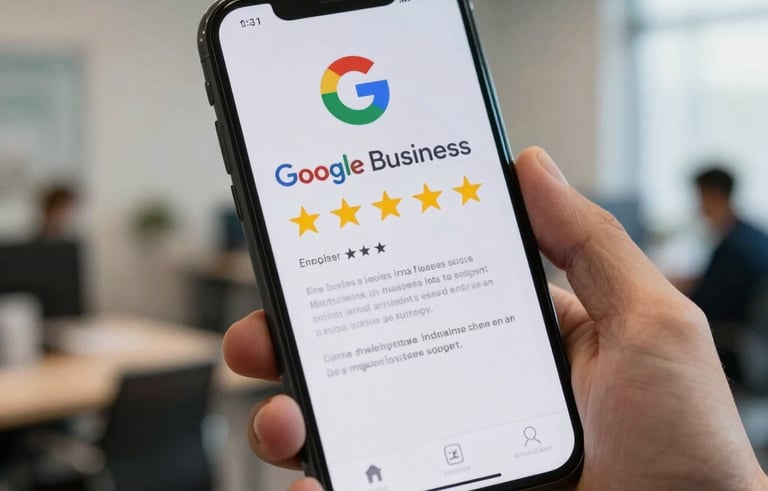 Close-up photography of a smartphone screen displaying a Google Business profile of a Mexican local service with five stars, held by a professional in a modern office.