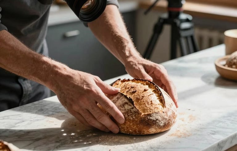 Close-up of a photographer's hands adjusting a sourdough loaf on a marble counter in a sunlit European bakery, professional camera and tripod visible, high contrast with warm and cool tones.