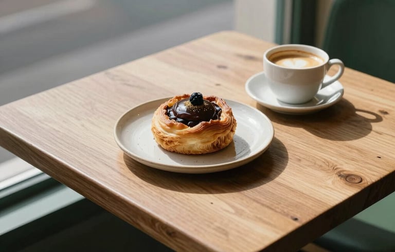 A high-angle shot of a minimalist Scandinavian-style cafe table in a European city, featuring a ceramic plate with a local pastry, a cup of coffee, and soft morning light hitting a rustic wooden surface with deep green accents.