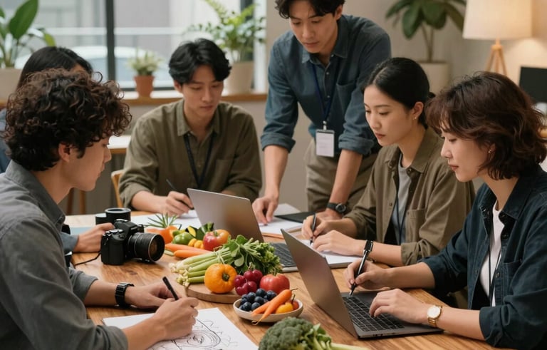 A group of digital marketing professionals in a cozy, warm-lit studio in a North American city, collaborating over a wooden table covered in local organic produce, cameras, and sketches.