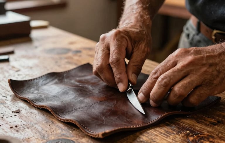 Close-up photography of a South American craftsman's hands precisely cutting high-quality dark brown leather on a rustic wooden workbench in a Vacaria workshop. Natural light from a side window highlights the texture of the grain. Sophisticated and traditional atmosphere.