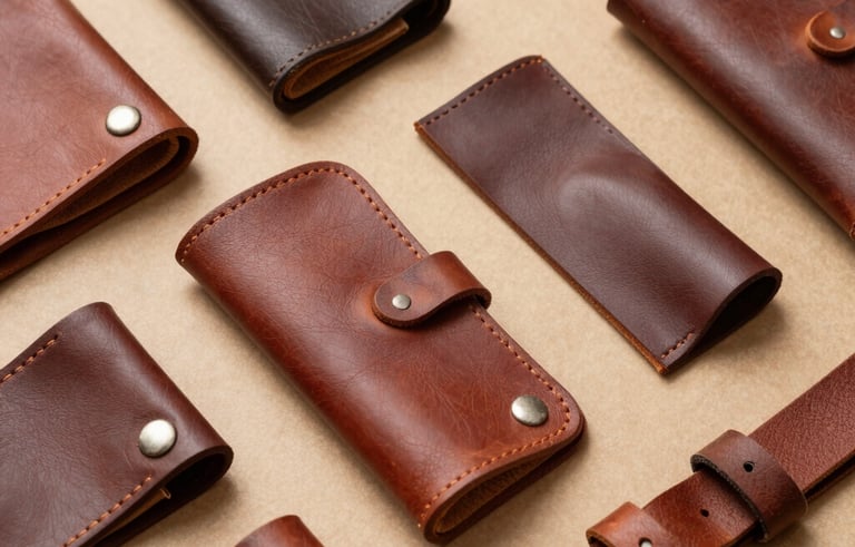 A collection of various specialized leather artifacts, including technical covers and heavy-duty straps, arranged on a tan-colored surface. The style is modern, industrial, and clean, reflecting South American craftsmanship expertise.