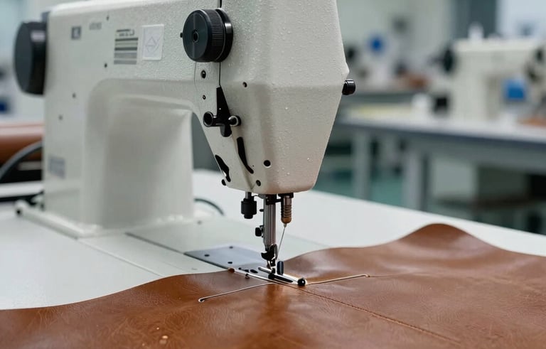 Modern industrial production line for leather goods. A heavy-duty sewing machine stitch detail on thick medium-brown leather. The background shows a clean, organized factory environment in South America / Brazil. Lighting is professional and bright.