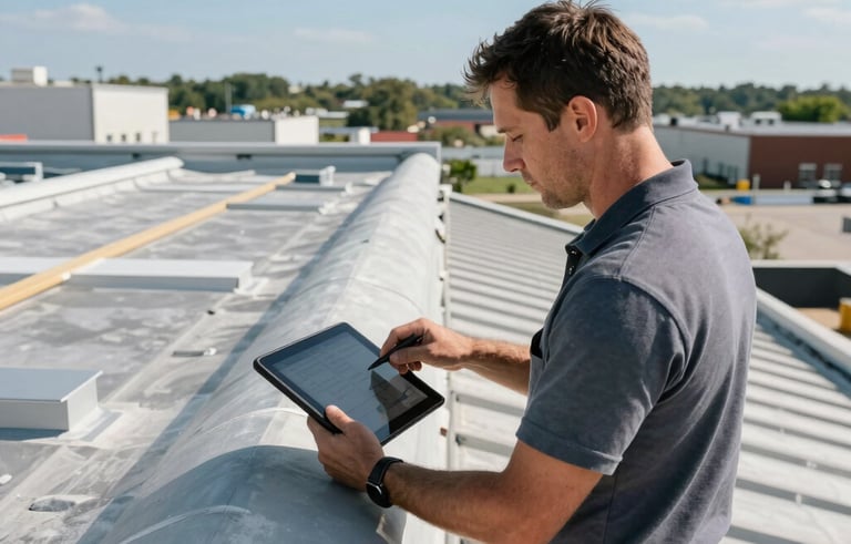 A North American / US commercial roofing specialist documenting the condition of a large retail complex roof during a scheduled maintenance visit. The specialist uses a tablet for inspection, showing a clean, structured, and professional approach to property management. Clear blue sky and industrial rooftops in the background.