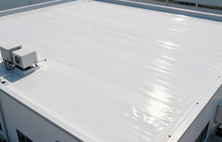 A crisp, professional photograph of a newly installed commercial white TPO flat roof on a modern distribution center in North America / US. The composition highlights the expansive, clean white surface reflecting the sunlight, surrounded by professional-grade mechanical units. The image conveys modern durability and structural precision.