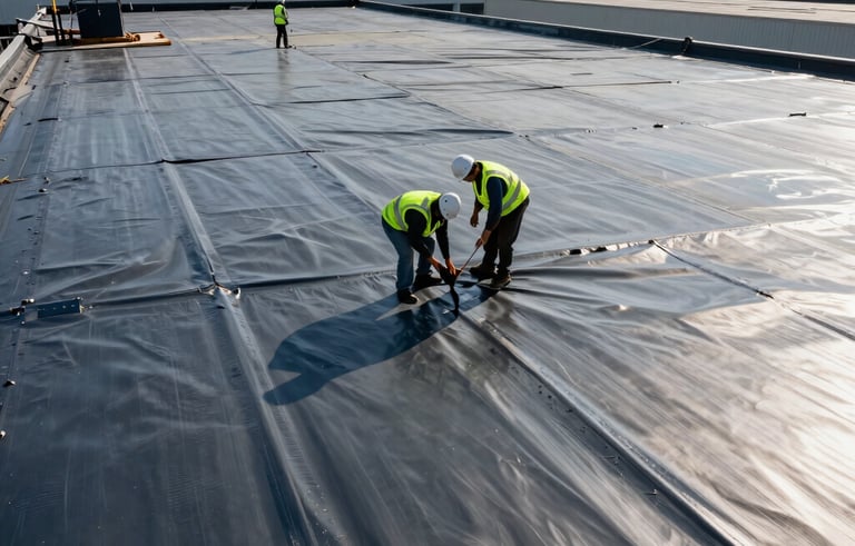 A professional wide-angle photograph of a large-scale commercial roof repair in progress in a North American / US industrial setting. Workers in high-visibility safety vests and helmets are inspecting a gray thermoplastic polyolefin membrane roof on a massive warehouse. The lighting is bright and clear, emphasizing industrial strength and professional safety standards. Colors include dark blue and metallic gray.