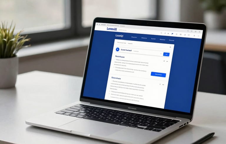 A professional workspace featuring a sleek laptop on a minimalist desk. The screen shows a clean, modern email newsletter layout. Soft, natural light from a large window. Atmosphere is trustworthy and sophisticated. Spanish-speaking / Global context. Cornflower blue and navy blue elements.