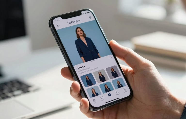 A professional close-up of a designer's hand holding a high-end smartphone in a sunlit modern studio. The screen displays a stylish social media interface. The atmosphere is sophisticated and clean with soft depth of field. Spanish-speaking / Global context. Palette includes navy blue and soft light blue.