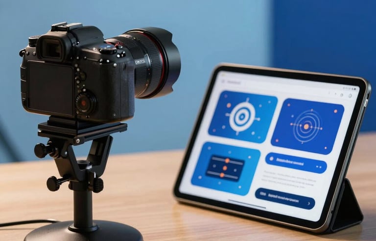 A high-end creative studio setup with a digital camera and a tablet displaying aesthetic graphic designs. The lighting is professional and warm, creating a sense of expertise and quality. Spanish-speaking / Global context. Sky blue and royal blue accents.