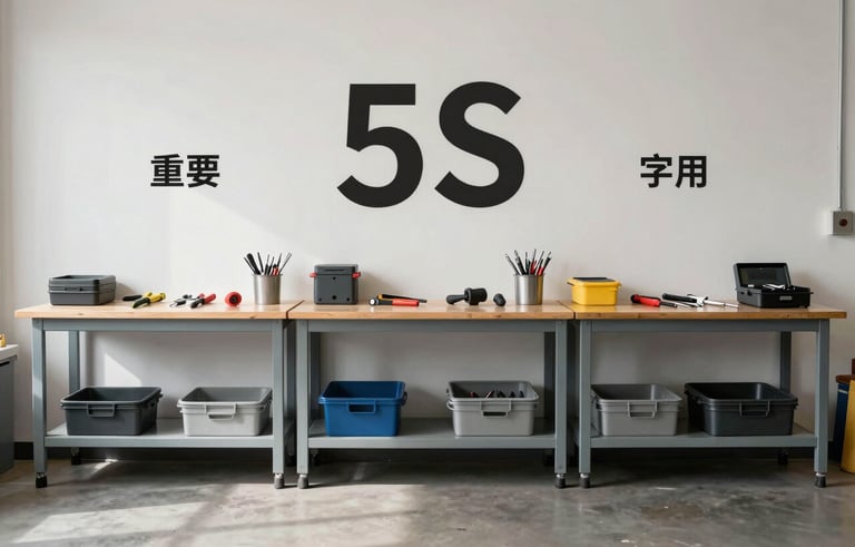 A minimalist photograph of a clean, well-organized industrial workspace in Texas, showcasing 5S principles with clear organization and orderly tools. Natural bright light, professional composition, North American setting.