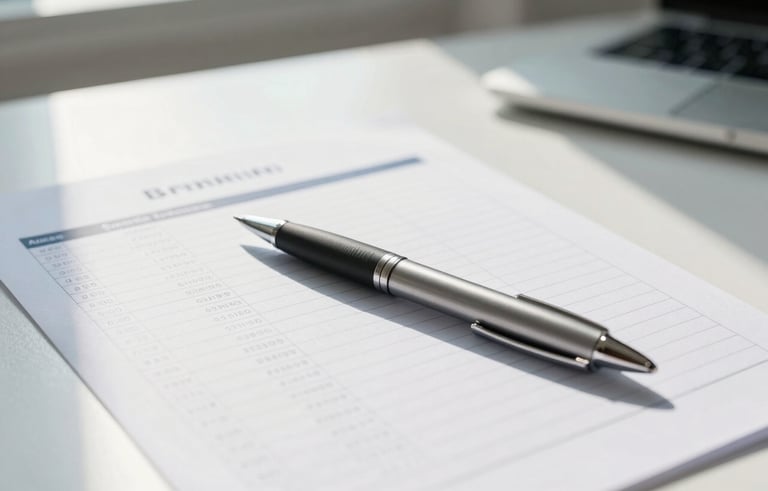 A clean, minimalist photograph of a high-quality pen resting on a professional audit checklist on a bright white desk in a sunlit Brenham, Texas office. Soft morning light, reflecting a precise and professional atmosphere with a palette of white and soft blue.