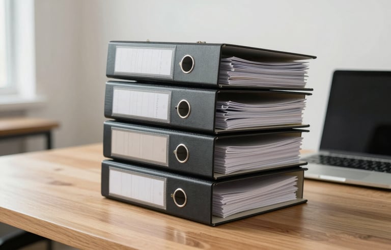 A minimalist photograph of a organized stack of professional quality manual binders and a laptop on a clean wooden desk, suggesting documentation excellence. North American business environment, bright and airy.