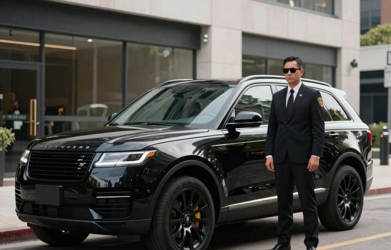 A sleek, black high-end SUV parked on a clean North American city street. A security professional in a well-tailored black suit and sunglasses stands beside the vehicle. Modern architecture background, sharp and serious mood.