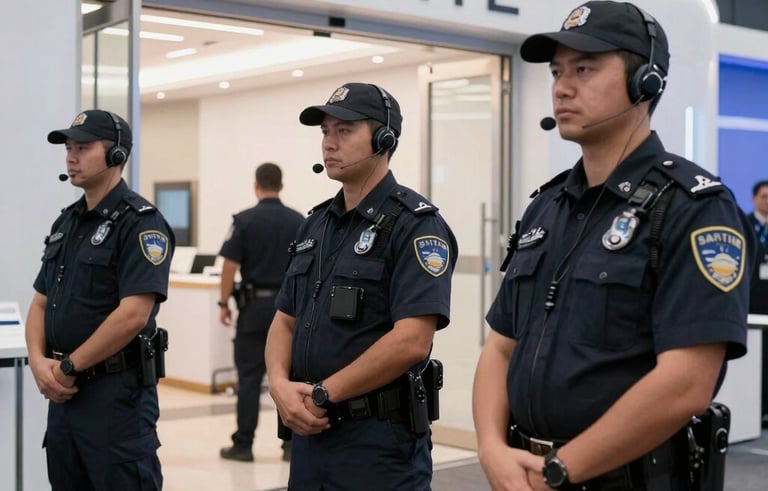 Security personnel with communication earsets standing at the entrance of a high-profile event venue. The setting is professional with white and silver decor. Clean, modern North American event space lighting.