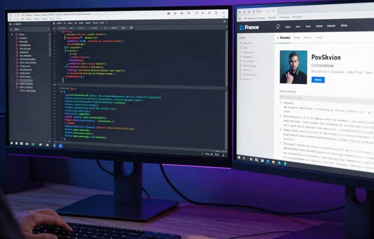 A professional web developer's workspace with dual monitors showing lines of code and a complex website layout. Dark blue and purple lighting accents, tech startup atmosphere in France.