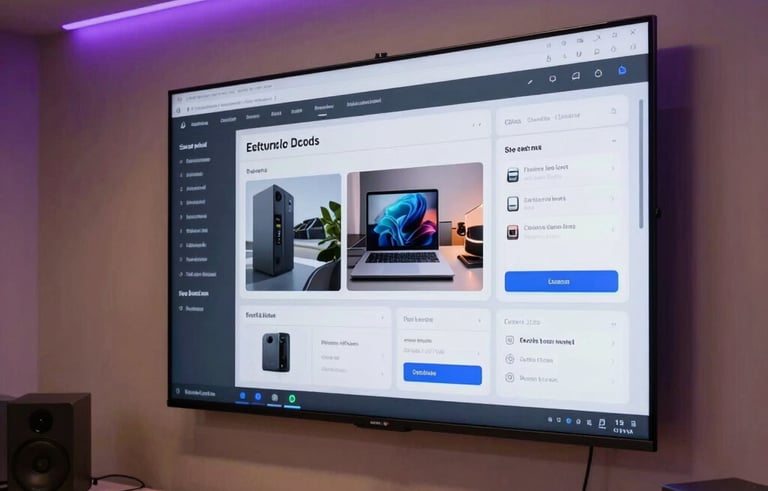 A high-tech creative studio in Lyon, featuring a large wall-mounted screen displaying a sophisticated e-commerce dashboard. Elegant, warm architectural lighting with purple ambient glow.