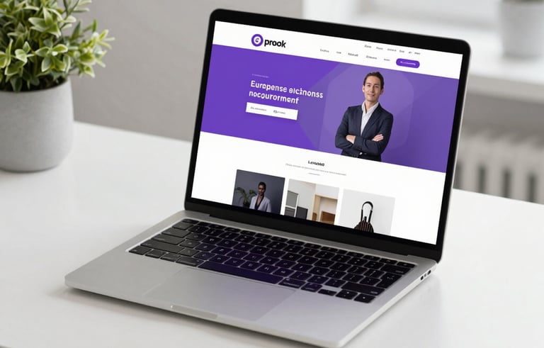 A sleek, minimalist laptop on a clean white desk in a bright European startup office. The screen displays a modern, professional one-page landing page with purple accents. Soft, natural daylight and a minimalist plant nearby.