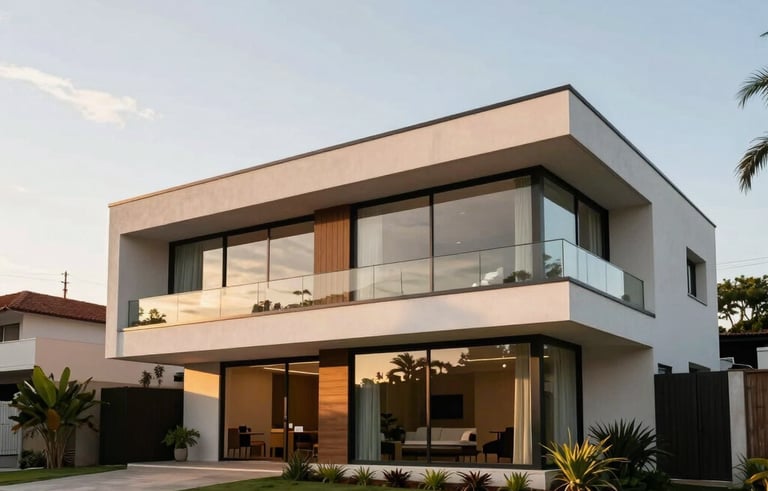 A wide-angle, eye-level photograph of a modern Brazilian house with large glass windows and clean architectural lines, captured during the golden hour under a bright sky. The setting is a quiet, upscale neighborhood in South America, emphasizing security and success.