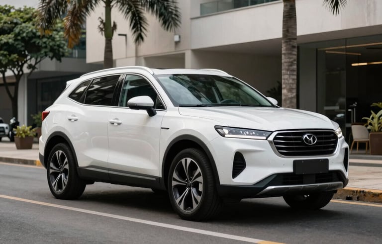 A professional photography shot of a sleek, white modern SUV parked in a clean, contemporary Brazilian urban street with palm trees and modern architecture in the background. The style is clean and high-end, representing reliability and status.