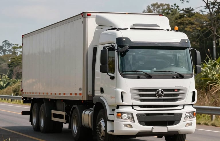 A detailed photograph of a large, modern commercial truck driving on a well-paved highway through a scenic South American landscape during daylight. The lighting is bright and professional, highlighting the durability and strength of the vehicle.