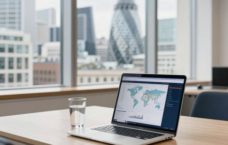 A bright, modern office in London with large windows overlooking the city. A clean wooden desk features a high-end laptop showing global trade maps and a glass of water. Professional, trustworthy atmosphere with off-white and navy color tones.
