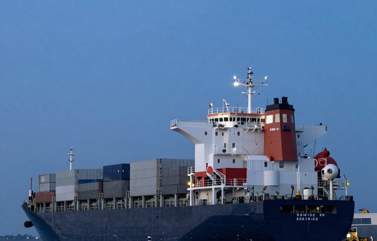 A wide-angle photography shot of a cargo ship at a British port during blue hour. Sophisticated lighting, emphasizing global connectivity and scale. Dark navy and steel blue tones.