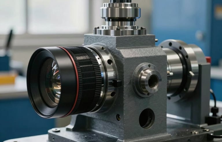 Close-up of high-quality industrial machinery components in a clean, professional workshop. Natural daylight from high windows. Sharp focus and sophisticated slate gray and steel blue colors.