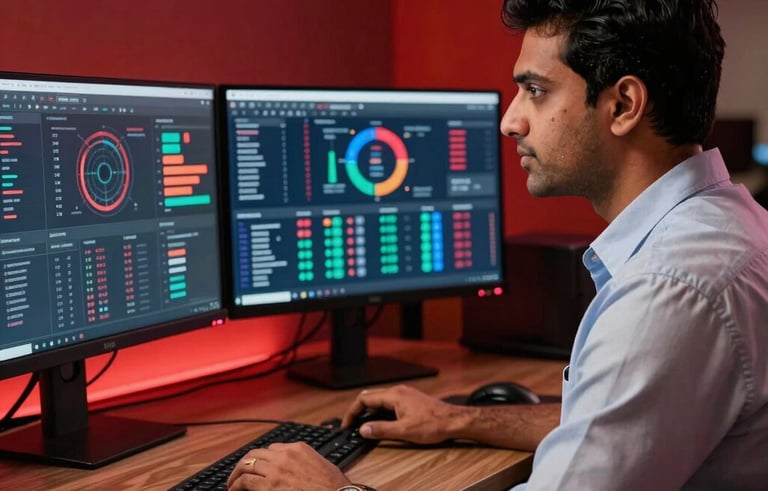 A professional digital marketer, a South Asian man in a smart casual outfit, looking at a multi-monitor setup in a premium corporate office. The screens show vibrant marketing analytics and social engagement data. Bold deep red lighting highlights the workspace edges.