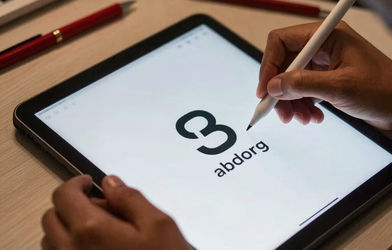 Close-up photography of a professional designer's hands using a stylus on a high-resolution tablet in an Indian design studio. The screen shows a minimalist brand logo being refined. The lighting is focused and warm, with deep red stationery nearby.