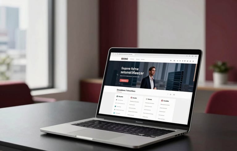 A high-end, modern office in a South Asian urban setting. A sleek laptop sits on a matte black desk displaying a clean, professional web development interface. The room has soft natural light, white walls, and elegant deep red accents in the decor.