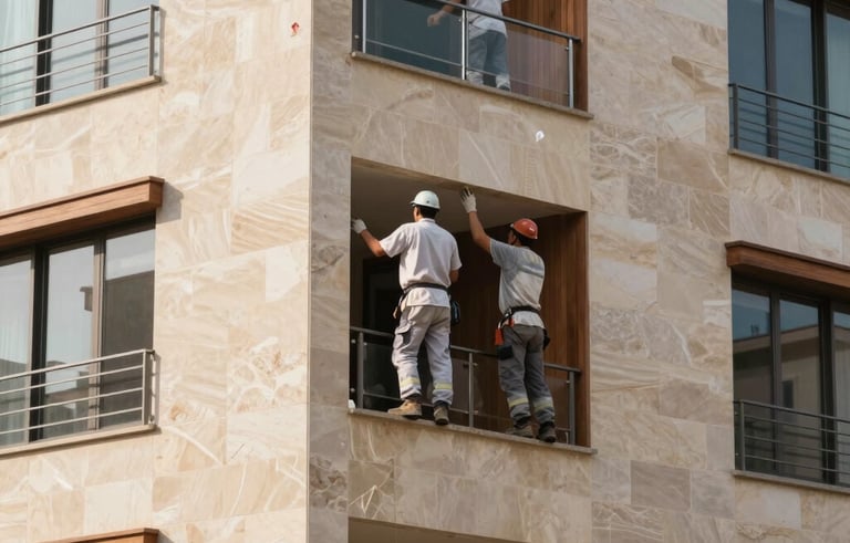 A close-up photograph of a modern residential building facade in a upscale Brazilian neighborhood. Skilled workers in clean professional uniforms are performing maintenance on high-quality stone cladding. The lighting is bright afternoon sun, reflecting off polished surfaces. The composition is clean and architectural, highlighting the contrast between beige stone and dark wood accents. The mood is professional and precise.