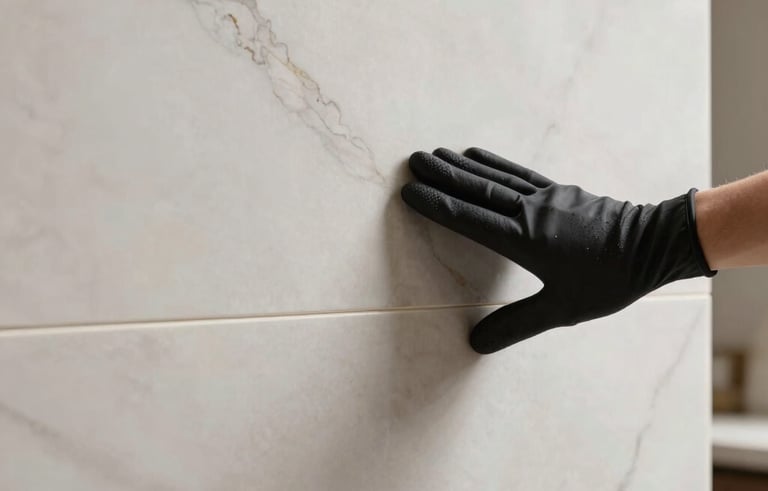 Close-up of a luxury interior finish in a Brazilian home. A hand wearing a professional glove runs over a perfectly installed large-format marble slab with thin taupe veins. The lighting is soft and elegant, highlighting the matte texture of the stone and the clean lines of the joinery. Minimalist and sophisticated craftsmanship mood.