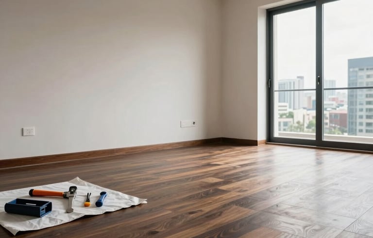 Interior photography of a South American luxury apartment during a clean renovation process. New dark wood flooring is being installed alongside off-white walls. The scene is tidy, showing professional tools organized on a protective mat. Large windows show a blurred cityscape. Sophisticated and reliable atmosphere.