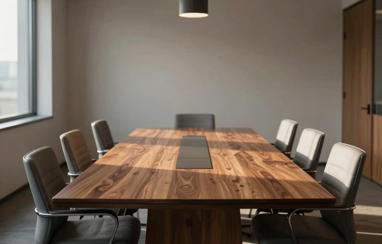 A sophisticated boardroom interior in North America, with a polished wood table and modern minimalist chairs, illuminated by soft morning light, representing clarity and high-level strategic decision-making.